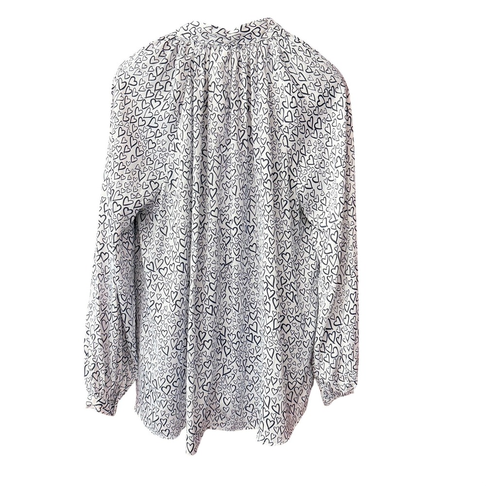 Crown & Ivy Blouse Womens Medium White Heart Print Long Sleeve Gathered Neck - Picture 2 of 7
